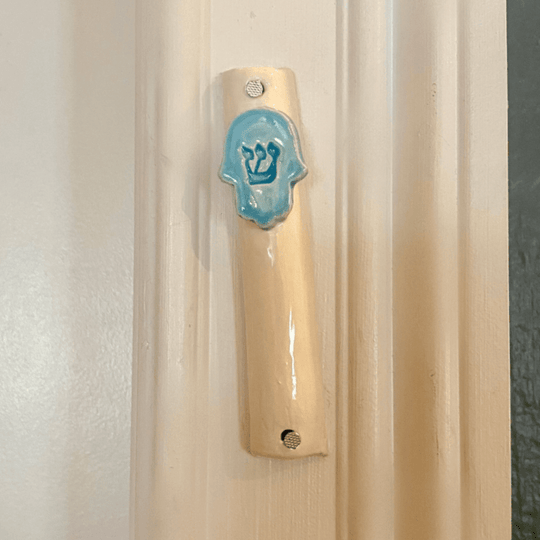 Handmade Ceramic Hamsa Mezuzah - Blue