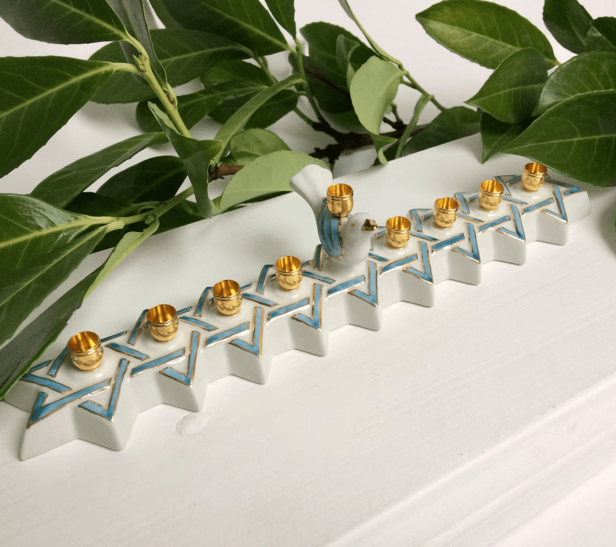 Judaica Hungarica - Porcelain Blue Bird Menorah - ModernTribe