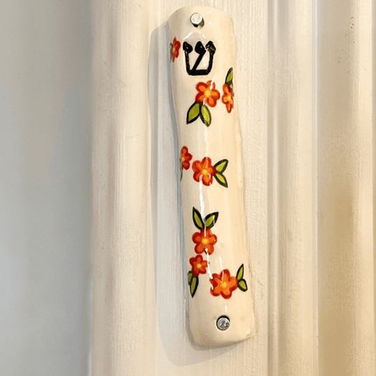 Handmade Ceramic Flower Mezuzah - White and Orange