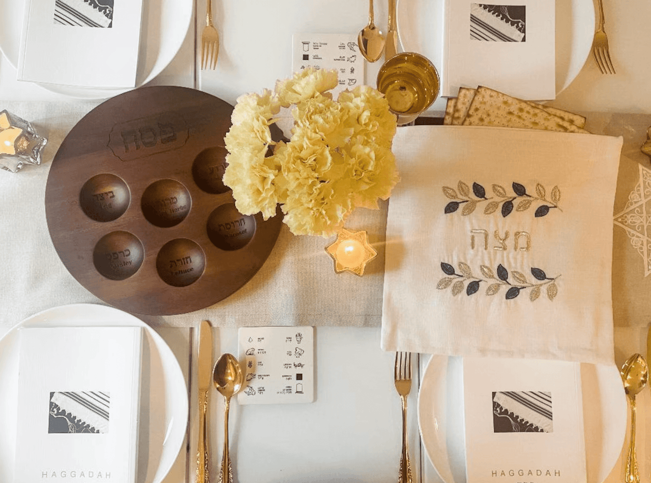 Three Generations - Blue and Silver Leafy Matzah Cover and Afikomen Bag Set - ModernTribe