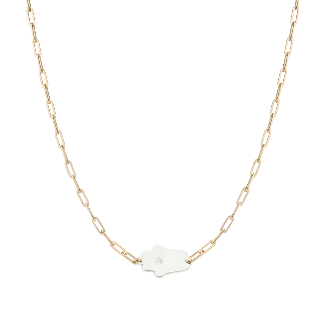 Miriam Merenfeld Jewelry - Dani Hamsa Diamond Paperclip Necklace - (Sterling Silver, Gold-Plated, or Two-Tone) - ModernTribe