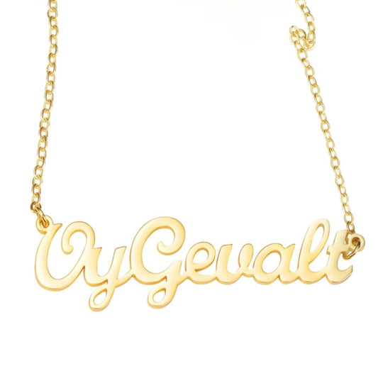 Oy Gevalt Nameplate Necklace by Mad Fine - 10k Solid Gold