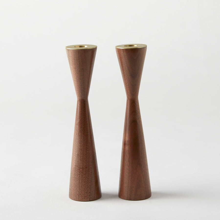 Wood and Brass Candlesticks - Walnut