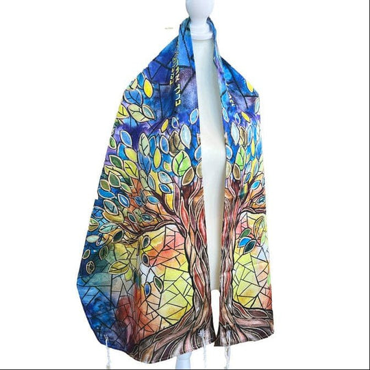 Stained Glass Tree of Life Painted Tallit with Matching Bag by Anna Abramzon