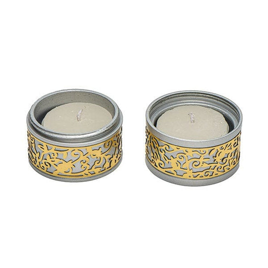 Travel Shabbat Tea Light Holders with Metal Pomegranate Cutout by Yair Emanuel - Gold