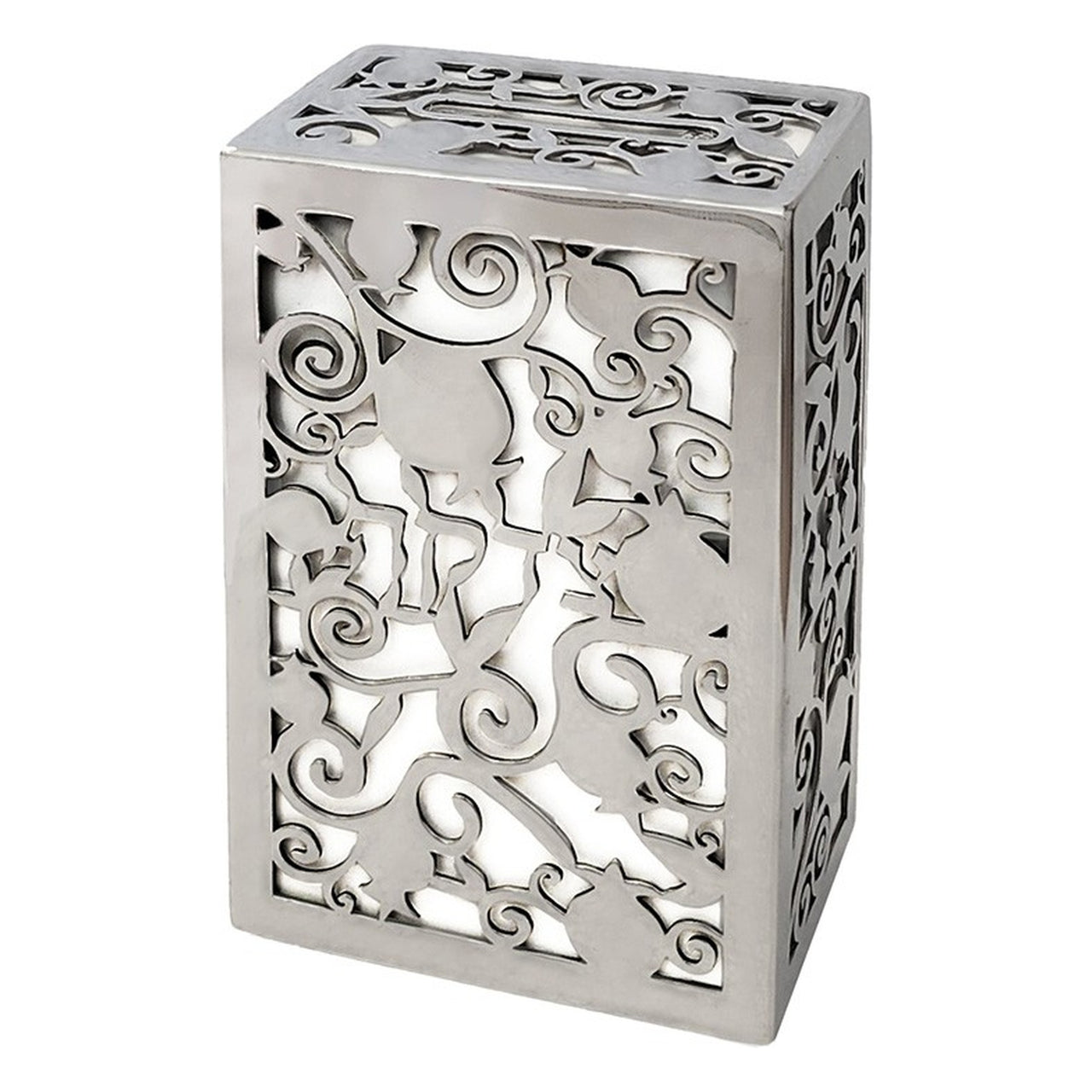 White Metal Cutout Tzedakah Box by Yair Emanuel