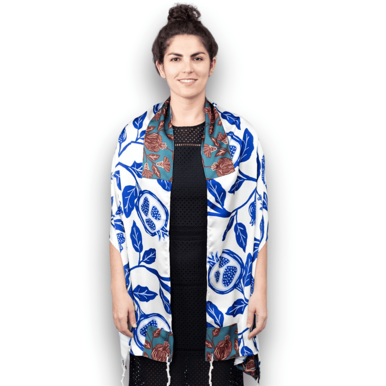 Elly Bovarnick Studios - Blue and White Pomegranate Satin Tallit - ModernTribe