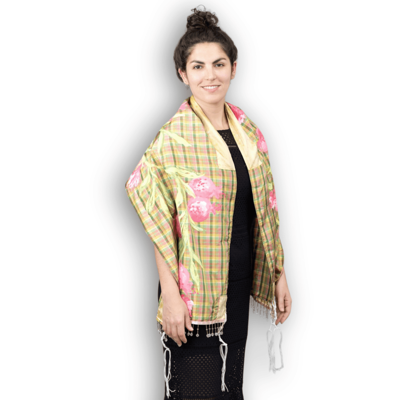 Elly Bovarnick Studios - Pink, Green, and Yellow Silk Plaid Tallit with Hand - Painted Pomegranate Design - ModernTribe