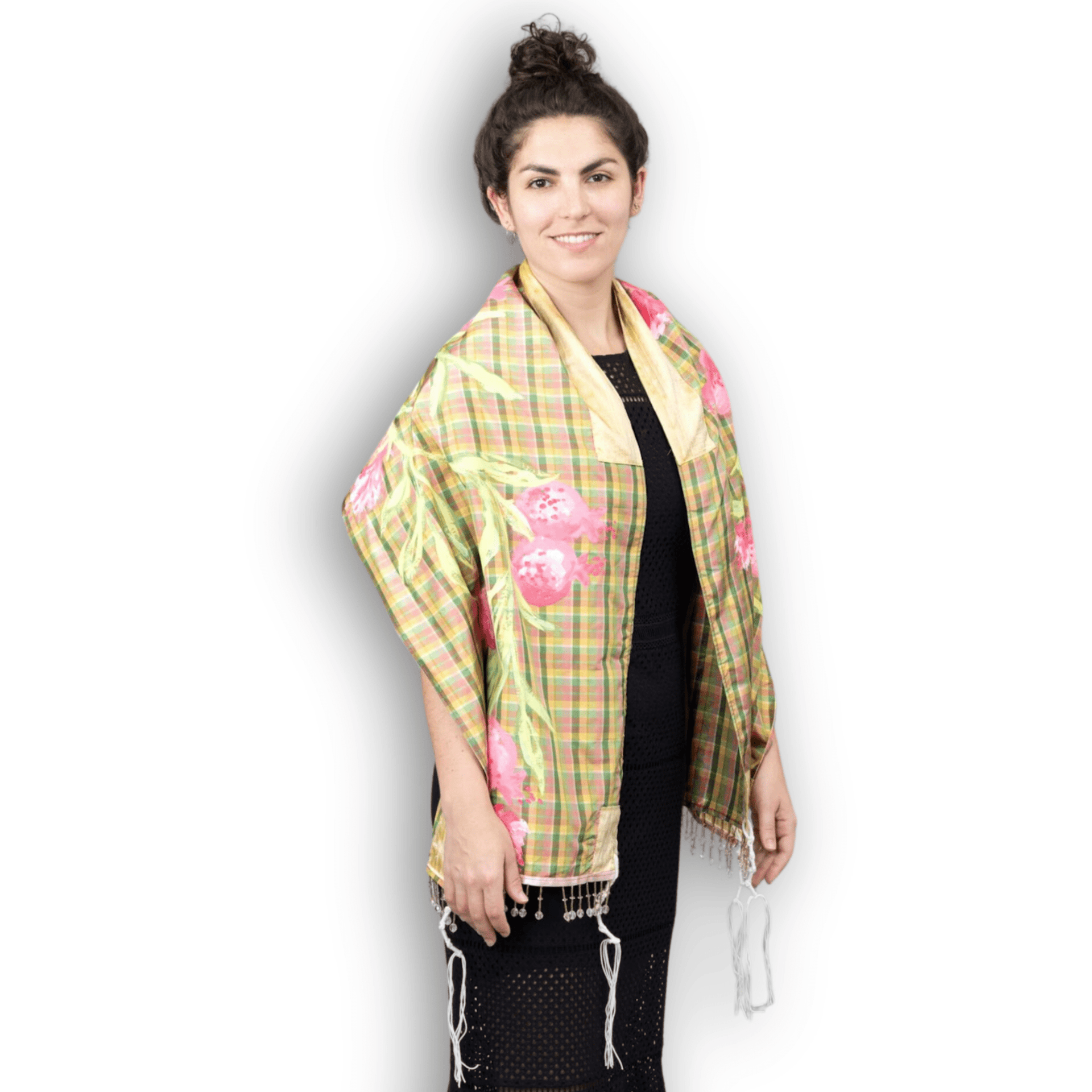 Elly Bovarnick Studios Tallises Pink, Green, and Yellow Silk Plaid Tallit with Hand-Painted Pomegranate Design and Bag