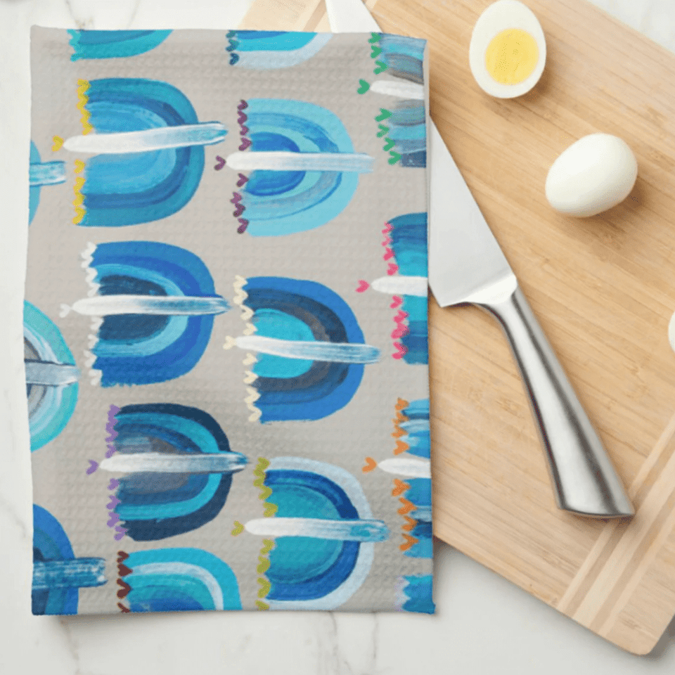 Arielle Zorger Designs - Blue Menorahs Hanukkah Kitchen Tea Towel - ModernTribe