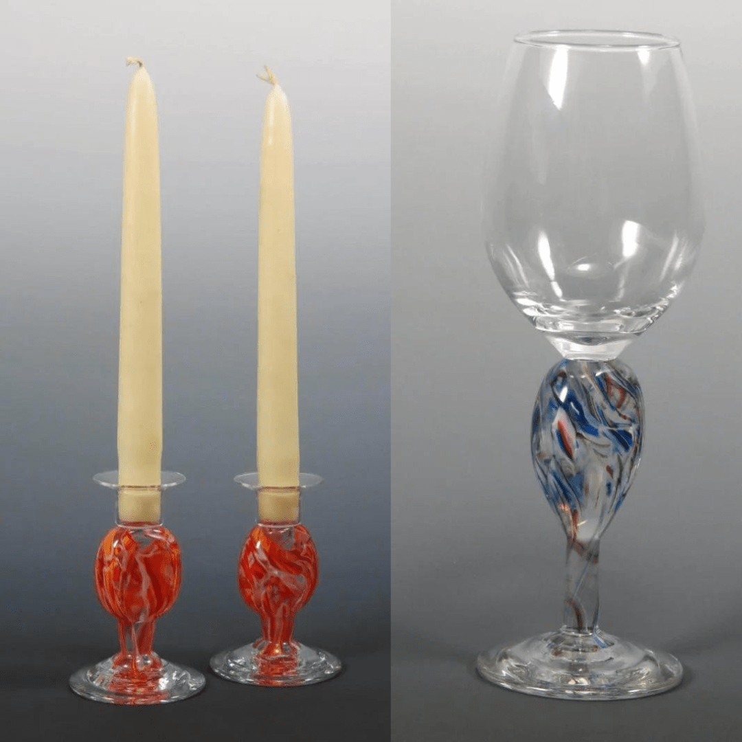 Rosetree Glass Studio Candlesticks Glass Smash Glass Short Shabbat Candlesticks and Kiddush Cup Set by Rosetree Glass Studio