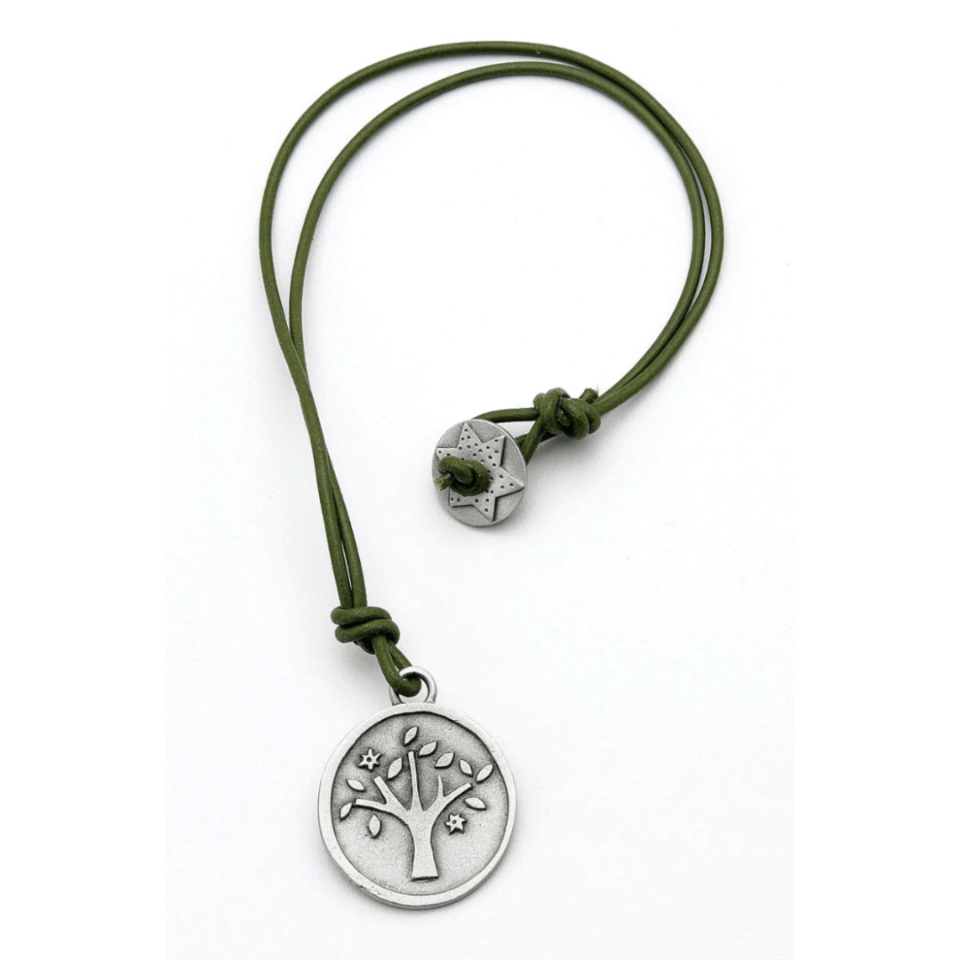 Emily Rosenfeld Necklaces Pewter / Green Green Leather Cord Tree of Life Necklace by Emily Rosenfeld