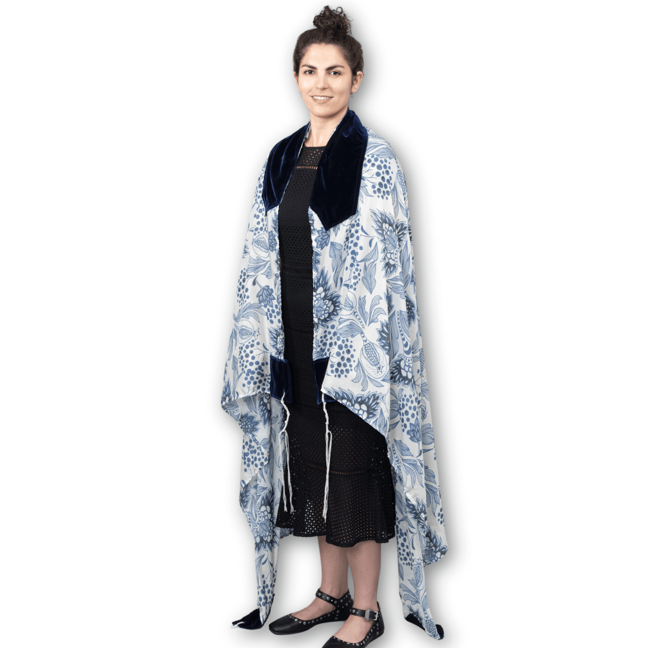 Elly Bovarnick Studios - Blue and White Pomegranate Silk Habotai Tallit - ModernTribe