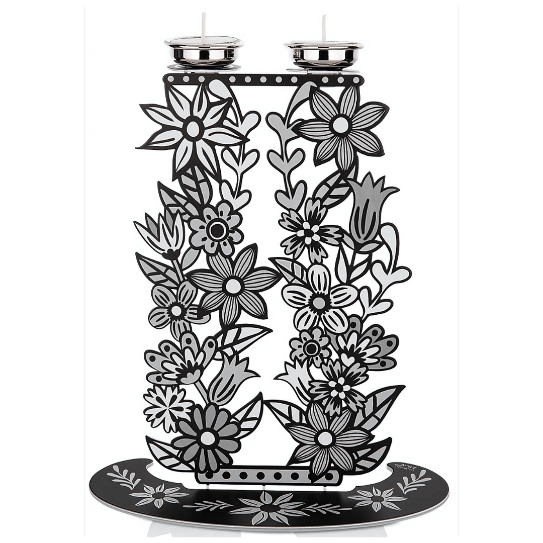Dorit Judaica Candlesticks Tall Floral Shabbat Candlesticks - Black and White