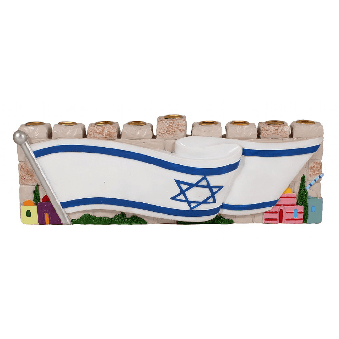 Aviv Judaica Menorahs Israeli Flag Menorah with Jerusalem's Kotel