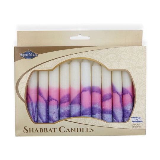 Israeli Hand-Crafted White, Pink and Purple Shabbat Candles | Set of 12