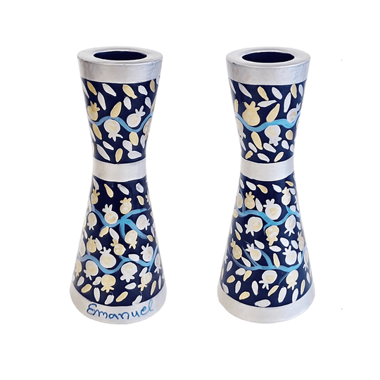 Mini Painted Blue Pomegranate Candlesticks by Yair Emanuel