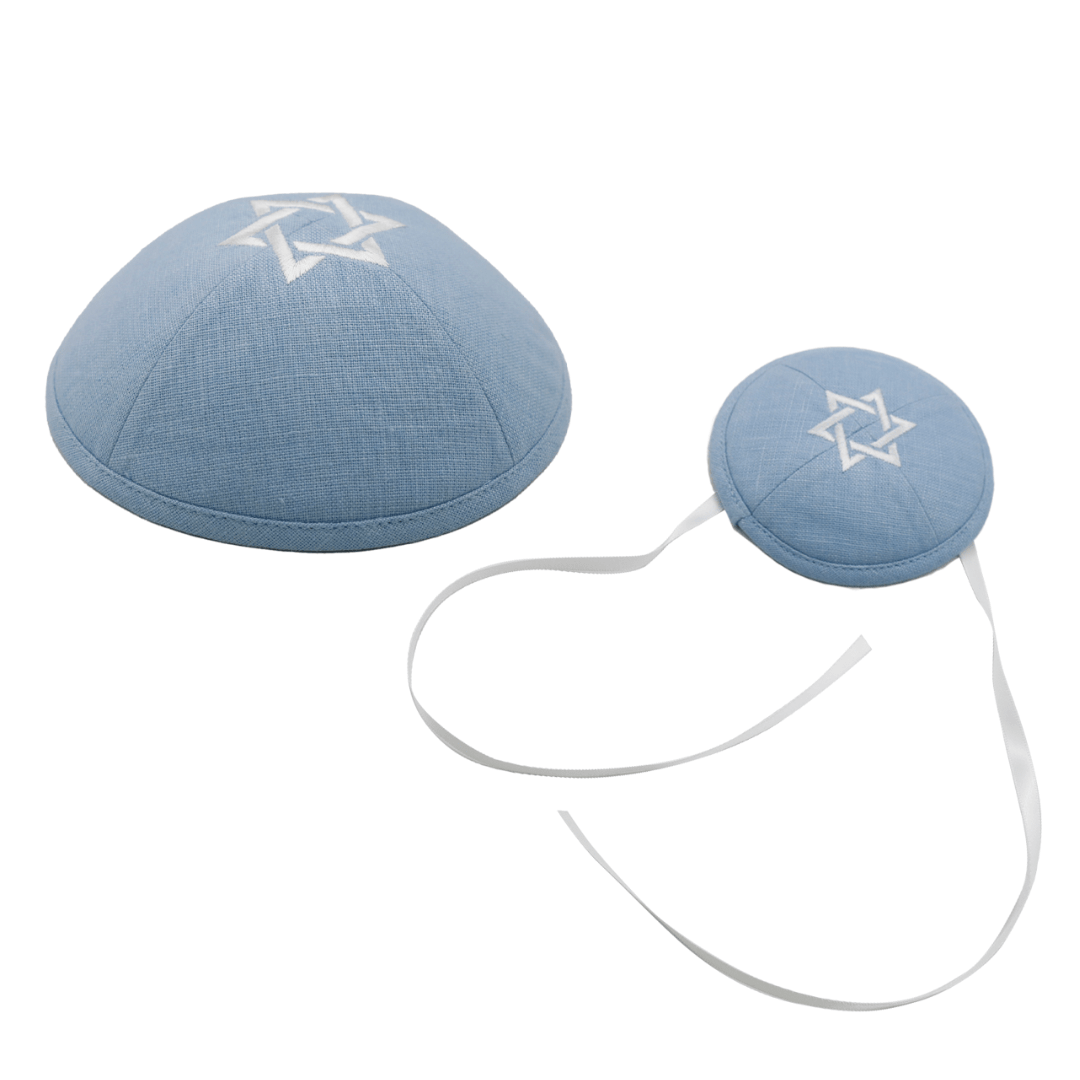 Kippot World - Light Blue Linen Father and Son Baby Magen David Kippot - ModernTribe