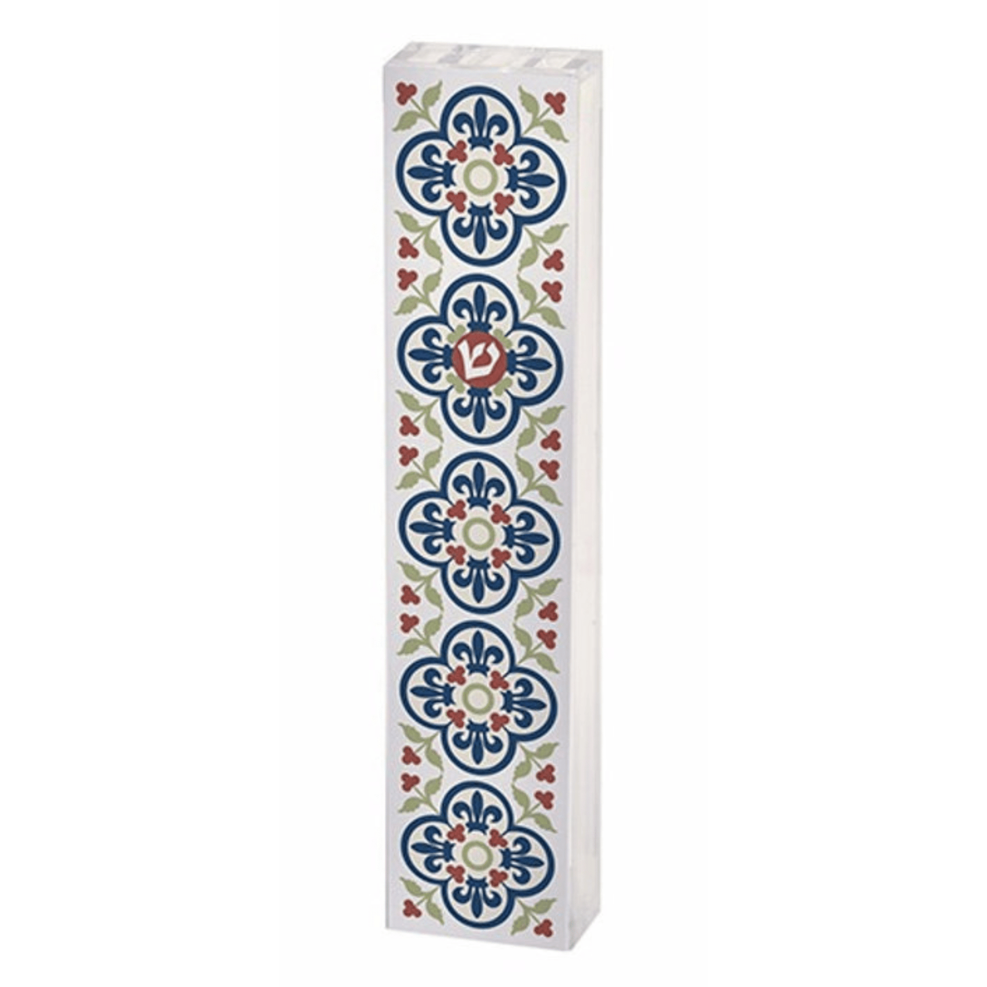 Dorit Judaica Mezuzahs Plexiglass Floral Delight Mezuzah - Navy Blue and Olive