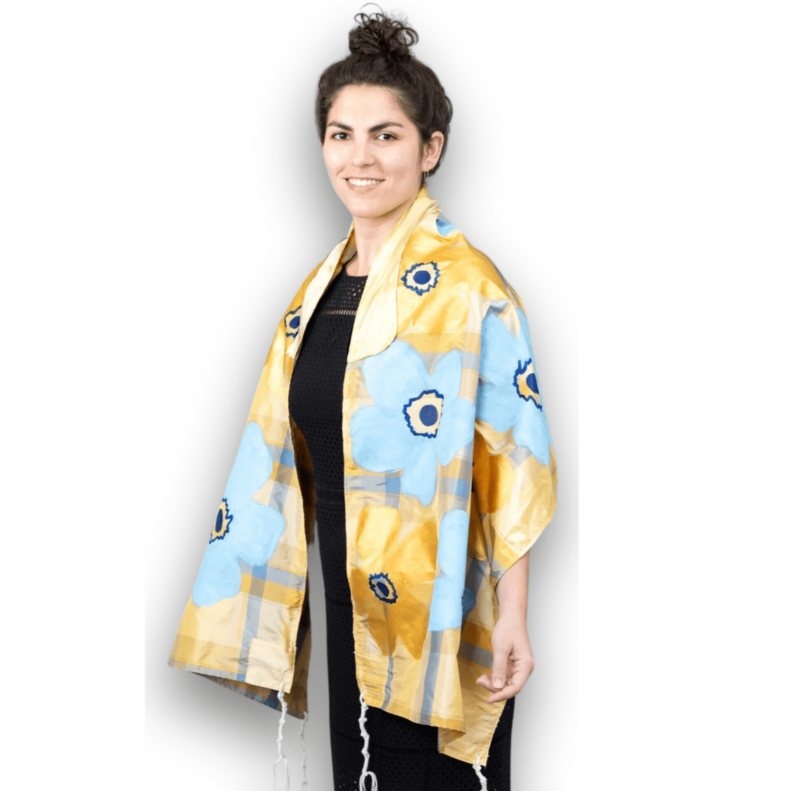 Elly Bovarnick Studios - Blue and Gold Silk Plaid Tallit with Hand - Painted Flowers - ModernTribe