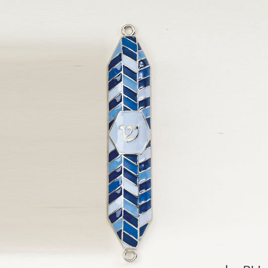 Geometric Blue Enameled Mezuzah