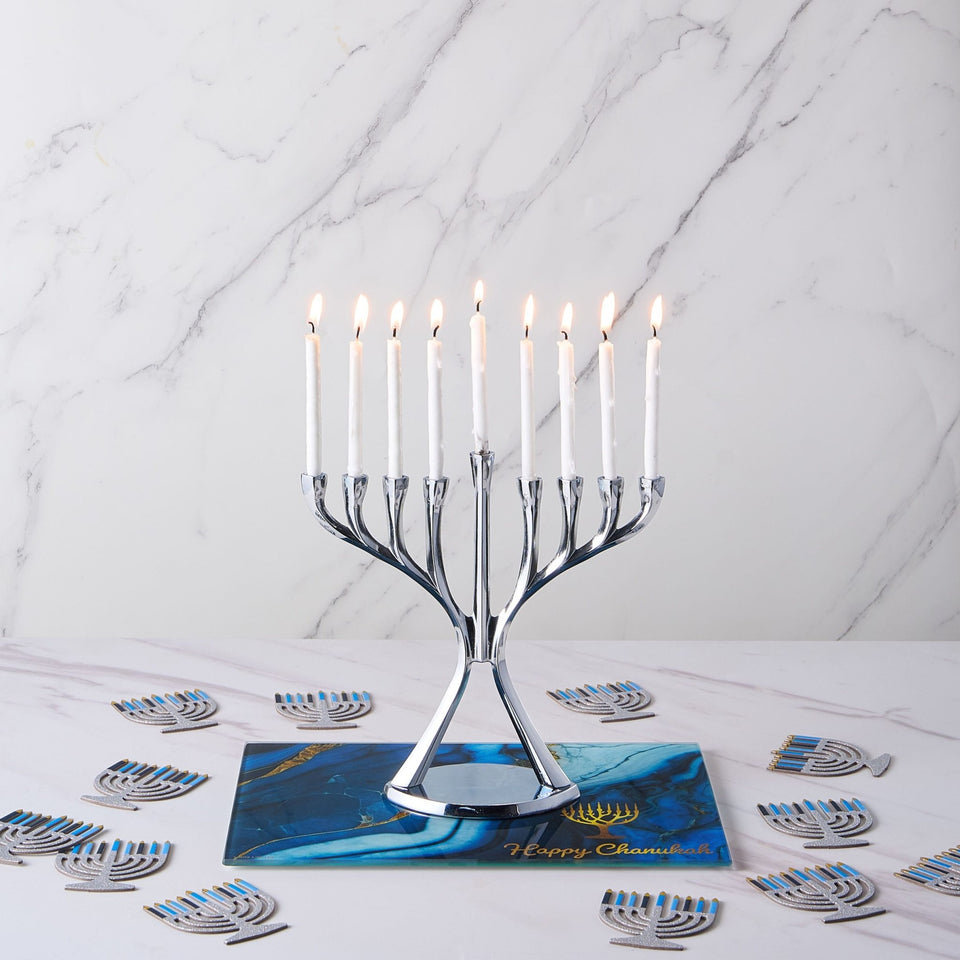 Rite Lite Trays Blue Marble Tempered Glass Menorah Drip Tray