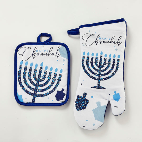 Menorah and Dreidel Pot Holder and Oven Mitt Set