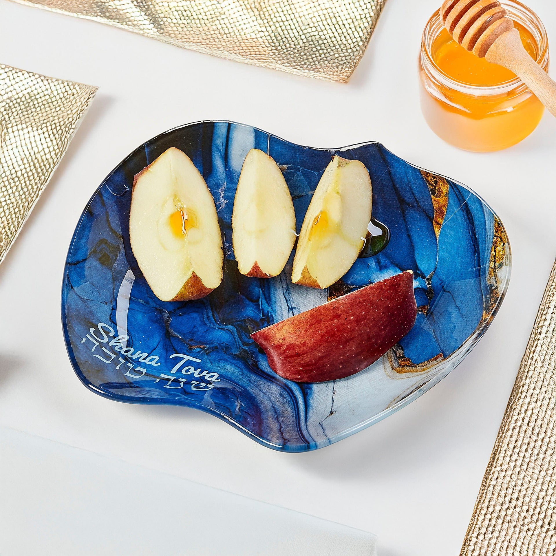 Rite Lite Apple Dishes Blue Marble "Shana Tova" Apple Plate
