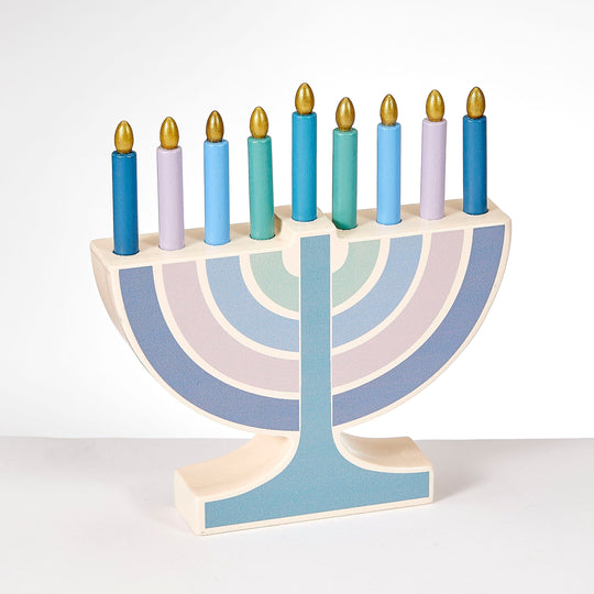 Mini Wood Menorah With Removable Wooden Candles - Pastel