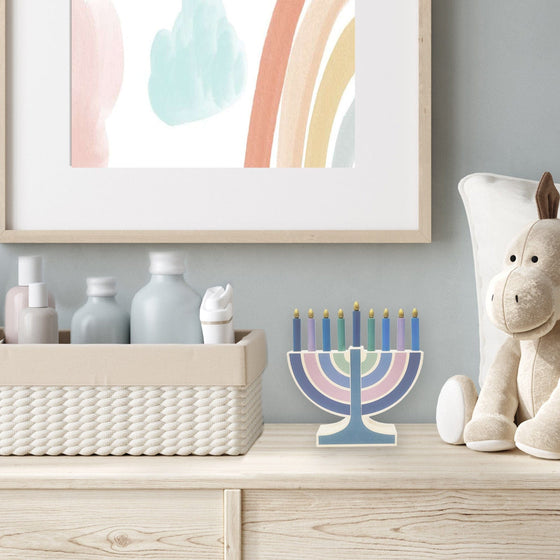 Mini Wood Menorah With Removable Wooden Candles - Pastel