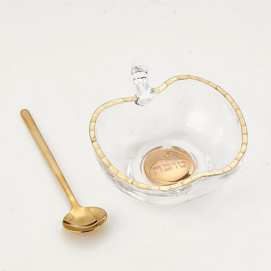 Apple-Shaped Glass Honey Dish with Gold Accent and Spoon