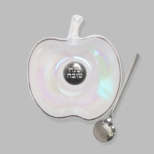 Iridescent Apple-Shaped Glass Honey Dish with Spoon