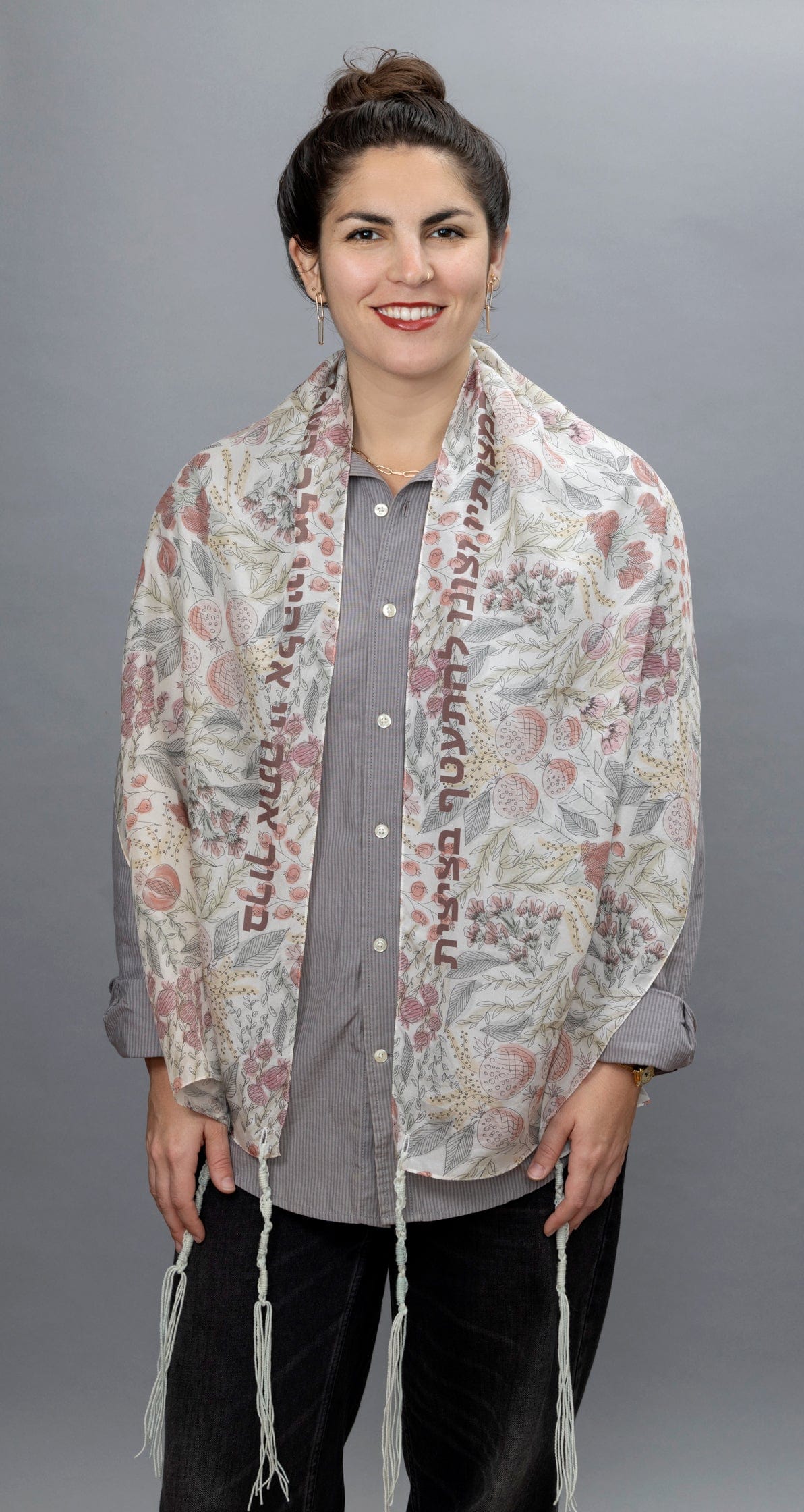 Elly Bovarnick Studios Tallises Watercolor Pomegranate Pattern Tallit - Choice of Brown or Peach Letters