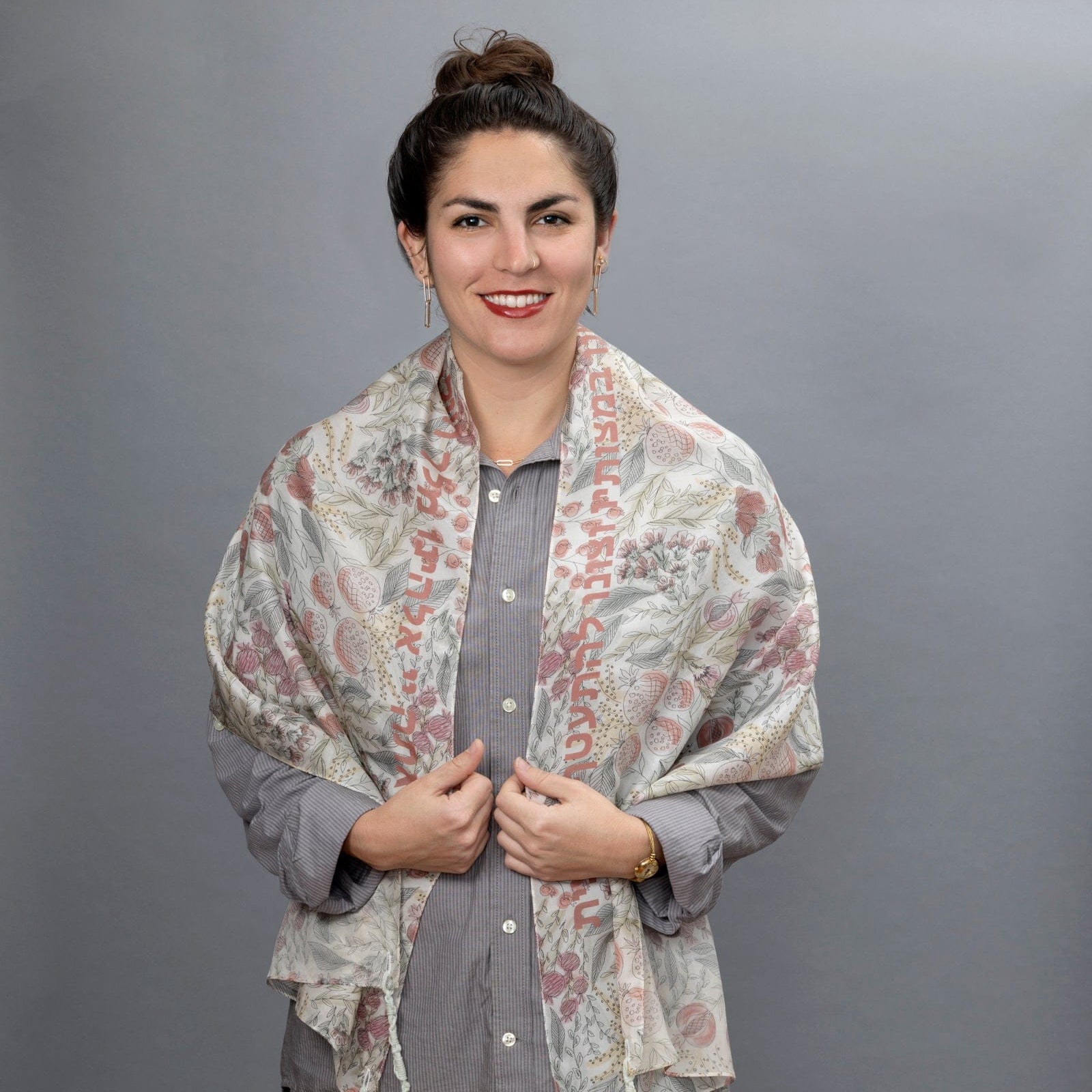 Elly Bovarnick Studios Tallises Watercolor Pomegranate Pattern Tallit - Choice of Brown or Peach Letters