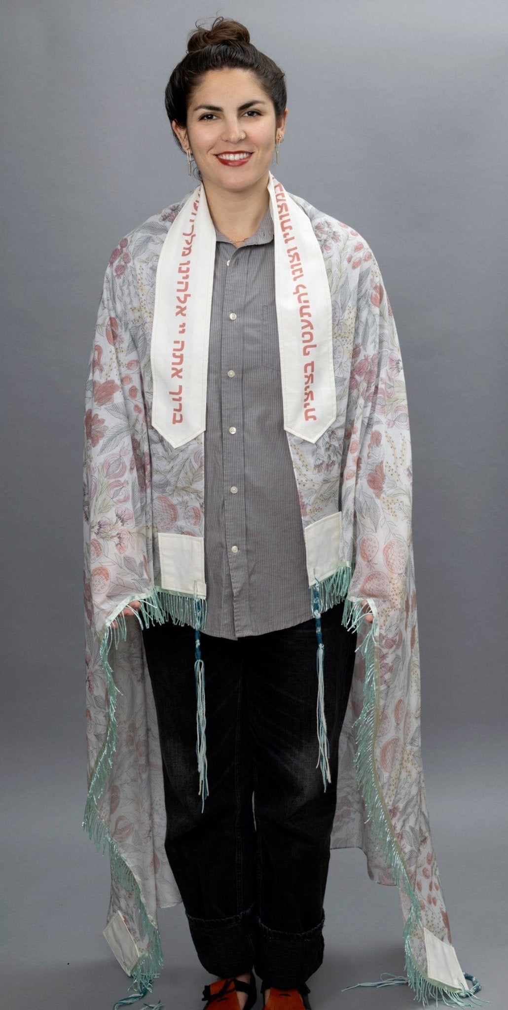 Elly Bovarnick Studios - Watercolor Pomegranate with Seafoam Beading Tallit - ModernTribe