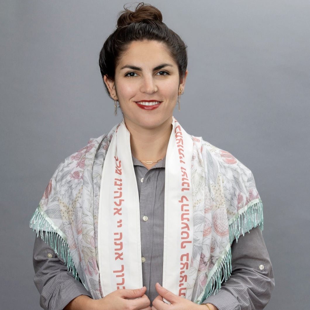 Elly Bovarnick Studios - Watercolor Pomegranate with Seafoam Beading Tallit - ModernTribe