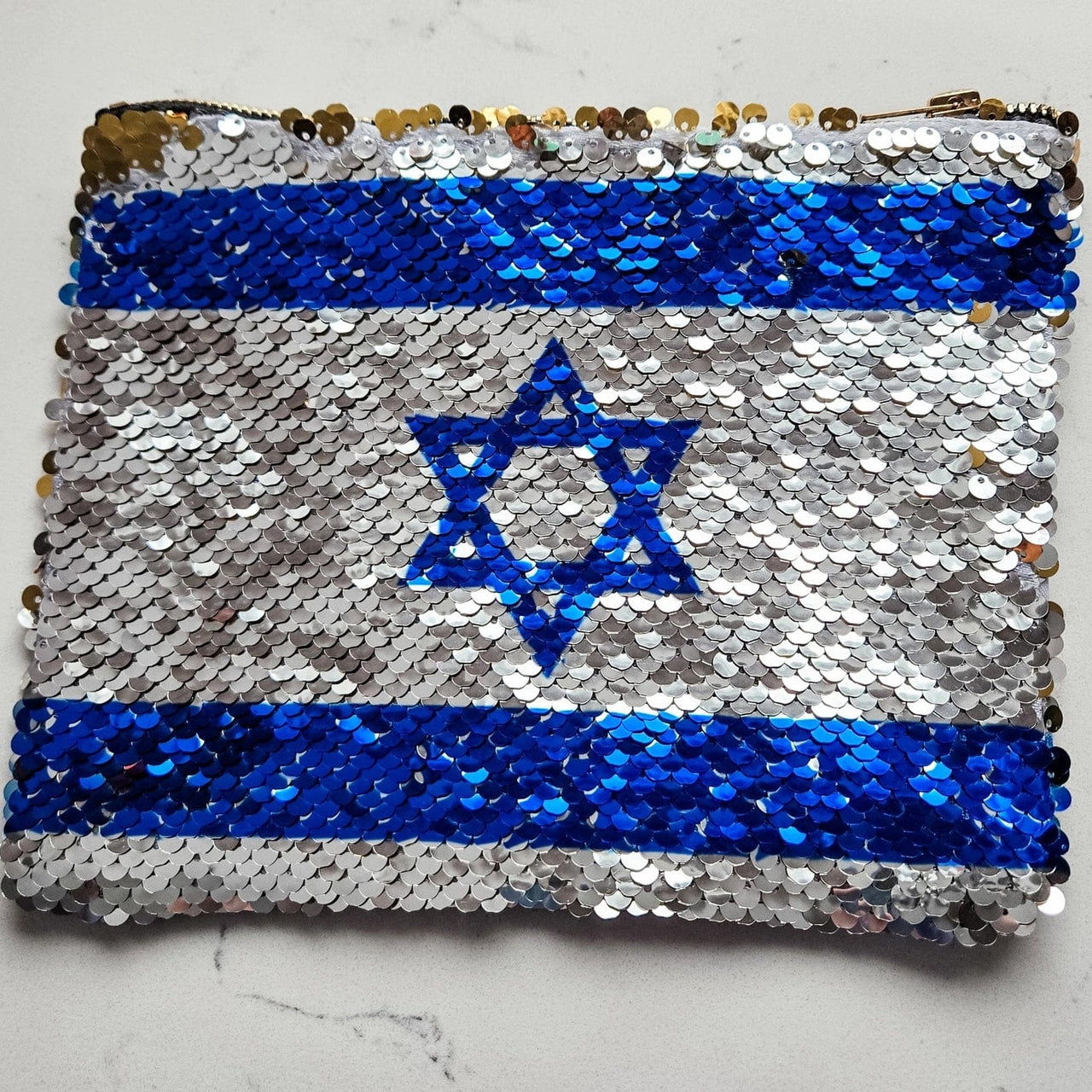 Salt and Sparkle - Israeli Flag and Gold Sequin Flip Cosmetic Bag - ModernTribe