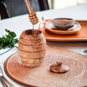 Kamsah Honey Dishes Shana Tova Olive Wood Honey Pot and Dipper