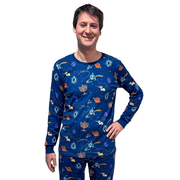 Close-up of the Hanukkah space pajama top with menorahs, dreidels and planets