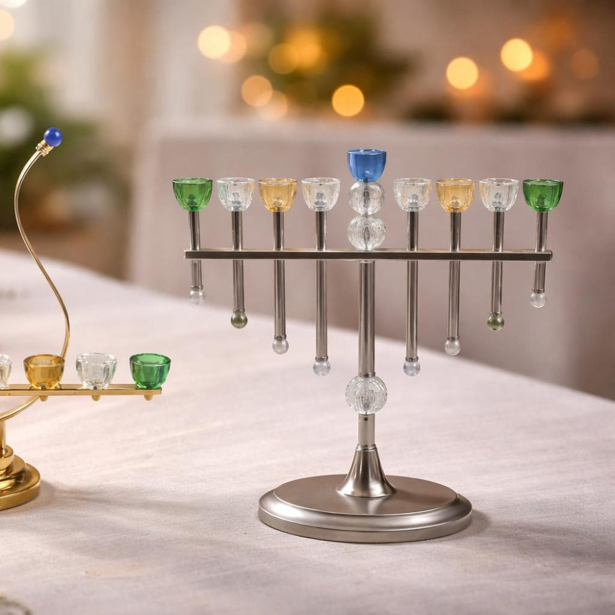 Silver Menorah with Colored Glass Cups - view 2
