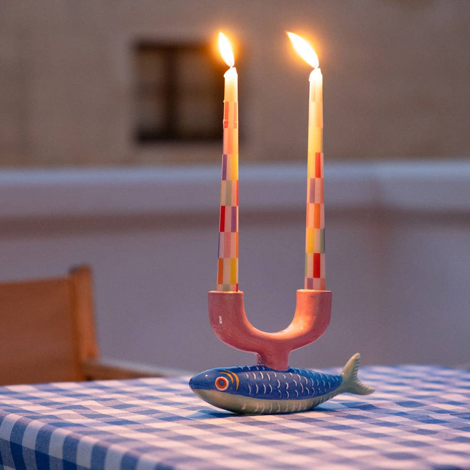 Talking Tables Candlesticks Hand-Painted Fish Ceramic Shabbat Candle Holder