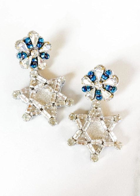 Dos Femmes - Sparkly Silver and Blue Star of David Earrings - ModernTribe