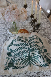 EMUNAH Challah Covers Handmade Linen Tree of Life Challah Cover - Green Moss