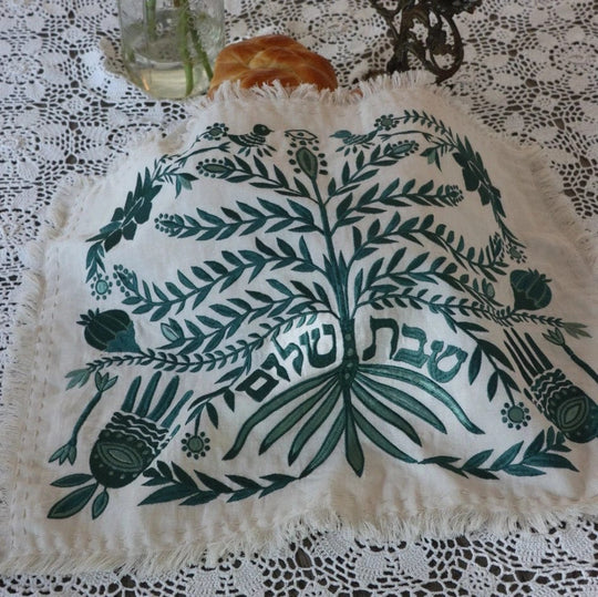 Handmade Linen Tree of Life Challah Cover - Green Moss