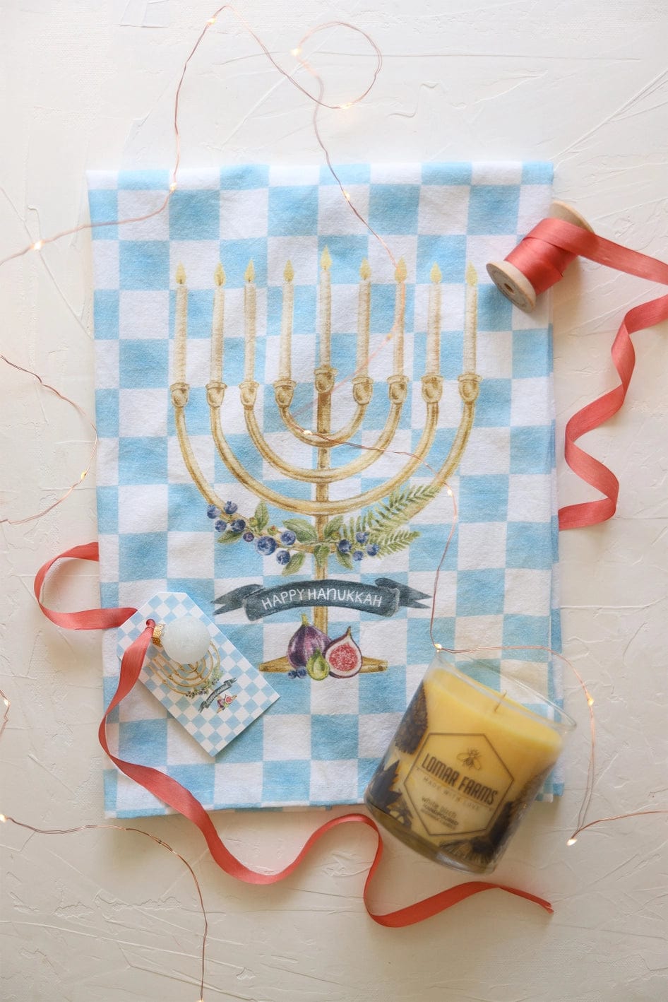 Stephanie Tara Stationery - Menorah Checker Print Cotton Tea Towel - ModernTribe