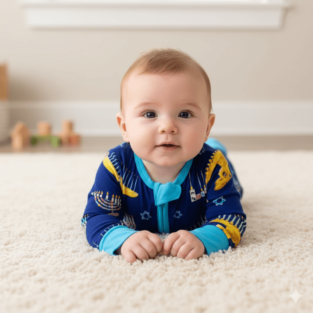 Amy Kritzer Becker - Hanukkah Many Menorahs Bamboo Onesie Pajamas - (Baby Sizes 3M - 24M) - ModernTribe