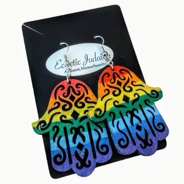Eclectic Judaica Earrings Wooden Rainbow Hamsa Earrings