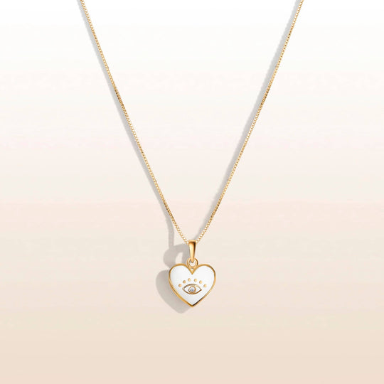 18k Gold-Plated and White Enamel Evil Eye Diamond Heart Necklace