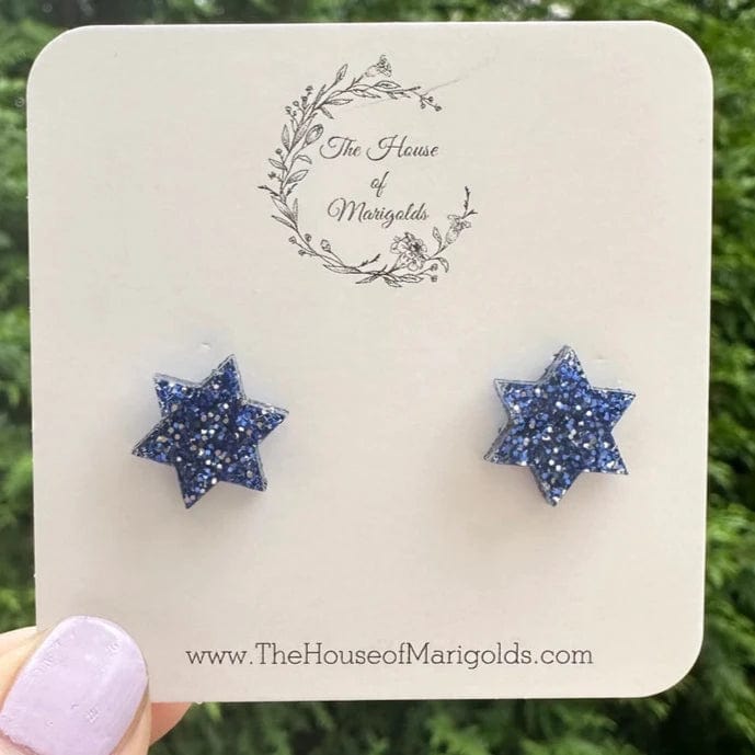 The House of Marigolds Earrings Glitter Star of David Earrings - Blue