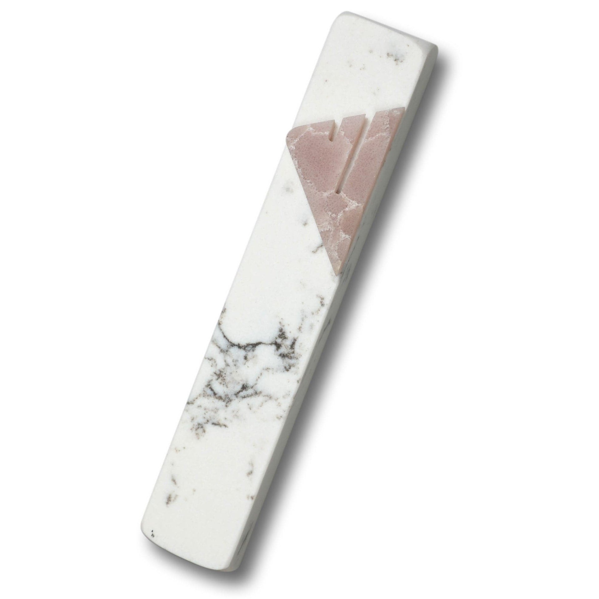 Shins of Stone Mezuzahs Carrara Marble Mezuzah with Pink Quartz Shin